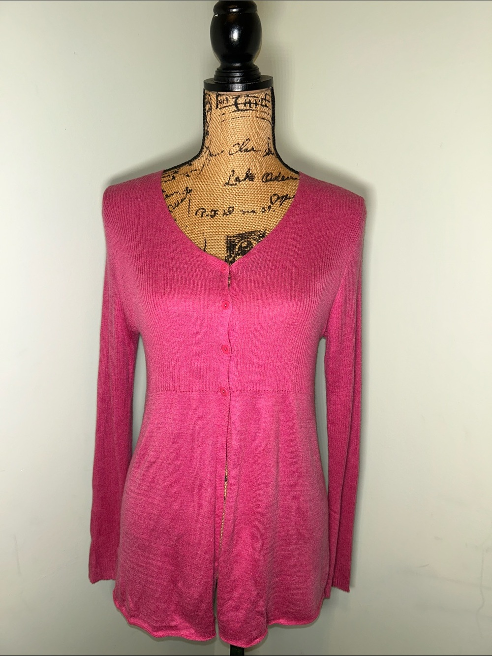 Eileen Fisher Deep Pink Silk Cashmere Split Front Ribbed Babydoll Cardigan PM
